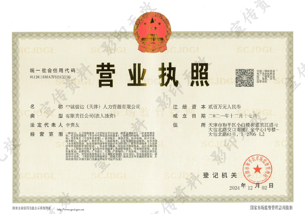 中誠信達(天津)人力資源有限公司證書